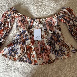 Misa LA Rust Orange and Brown Peplum Blouse with 3/4 Puff Sleeves, Size M, NWT